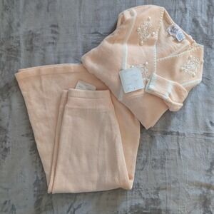 Vtg Knit DeVille Pastel Pink Pearl Embellished Sweater Skirt Set Sz M‎ Deadstock